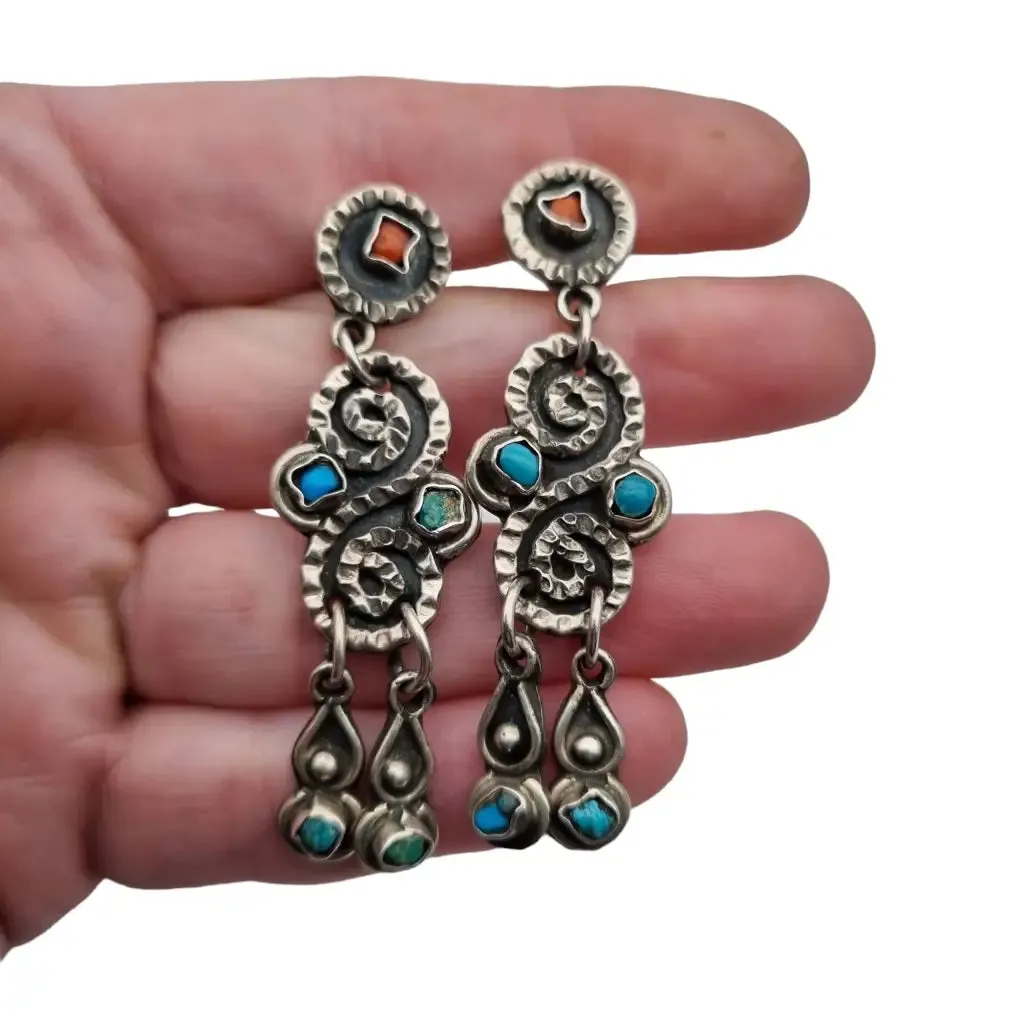 Long Mexican earrings for women, 925 sterling silver, red coral.