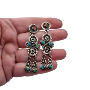 Long Mexican earrings for women, 925 sterling silver, red coral.