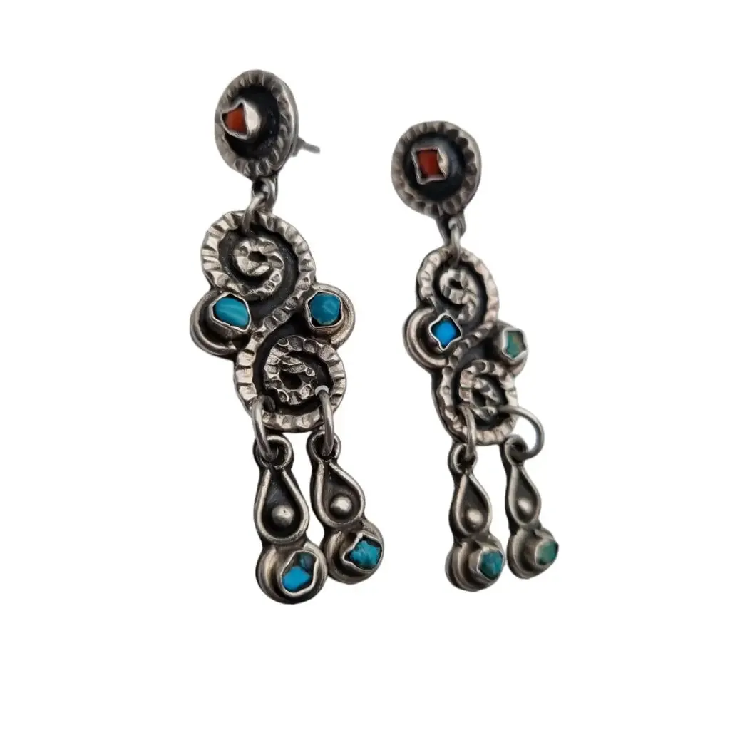 Long Mexican earrings for women, 925 sterling silver, red coral.