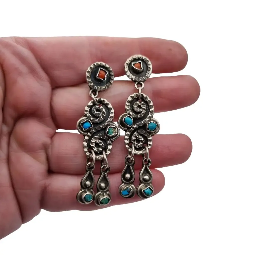 Long Mexican earrings for women, 925 sterling silver, red coral.