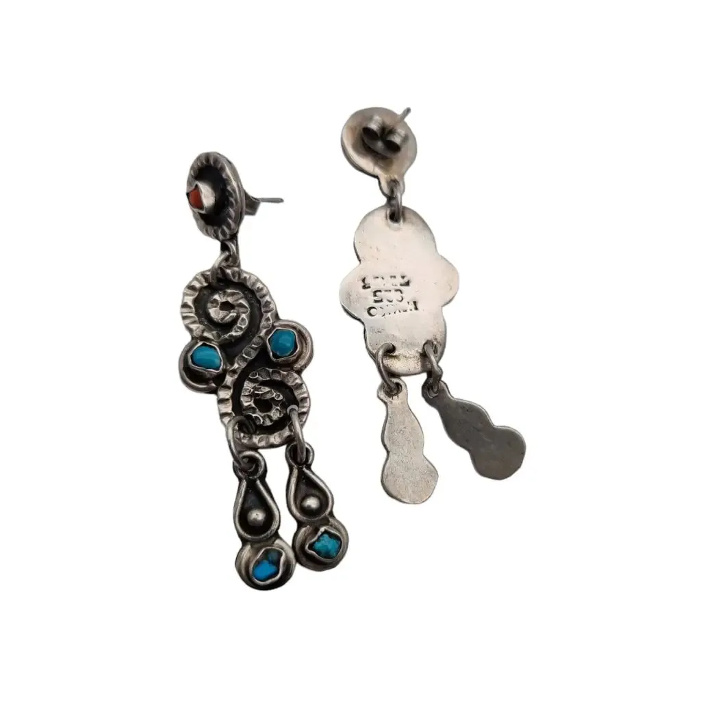 Long Mexican earrings for women, 925 sterling silver, red coral.