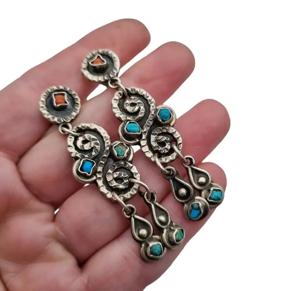 Long Mexican earrings for women, 925 sterling silver, red coral.