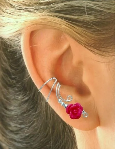 Long Pink Rose Coral Ear Cuff