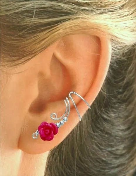 Long Pink Rose Coral Ear Cuff