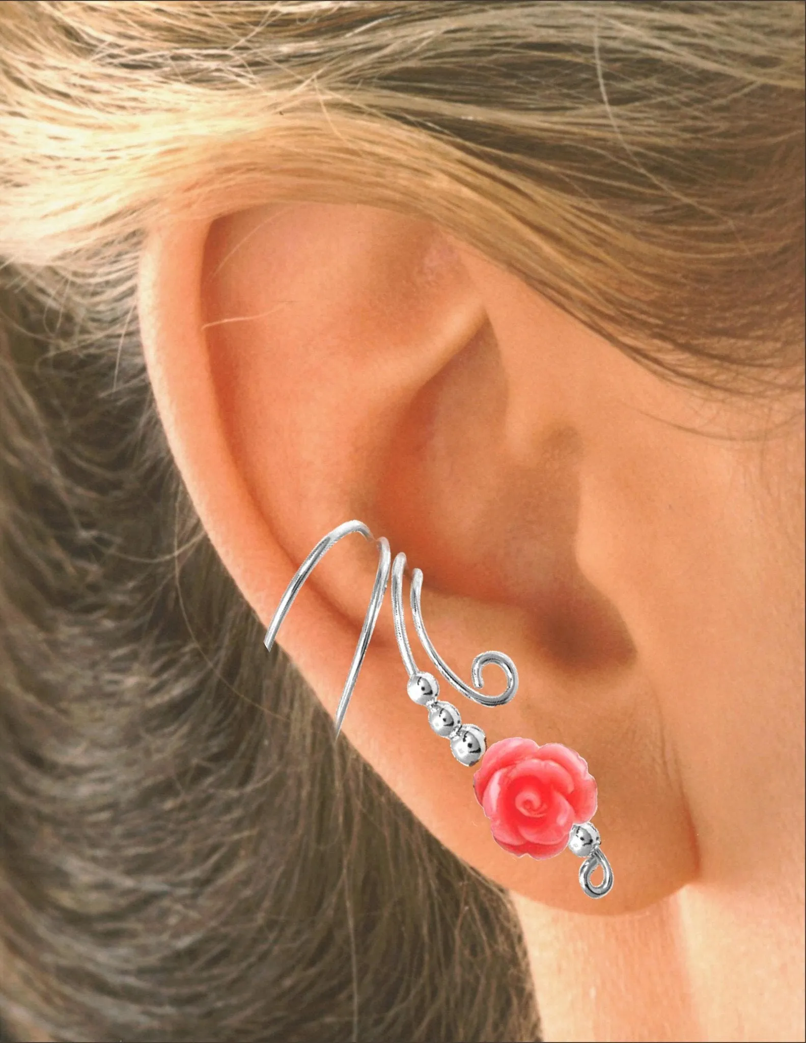Long Salmon Rose Coral Ear Cuff