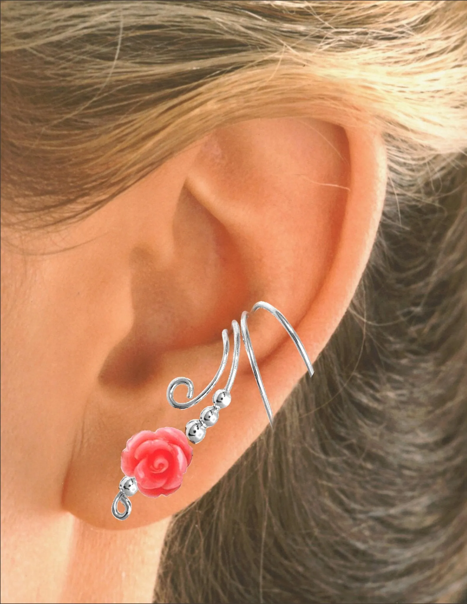 Long Salmon Rose Coral Ear Cuff