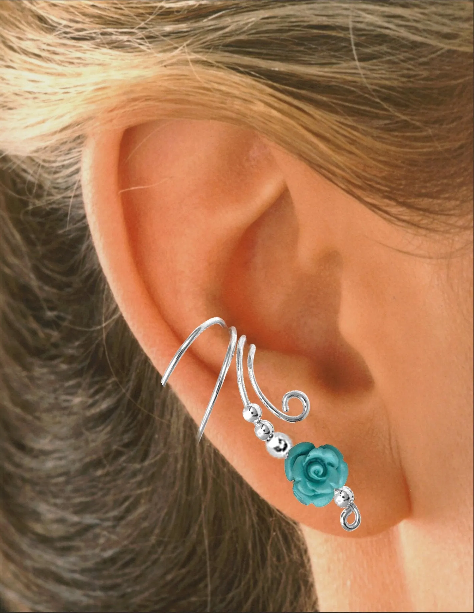 Long Turquoise Rose Coral Ear Cuff
