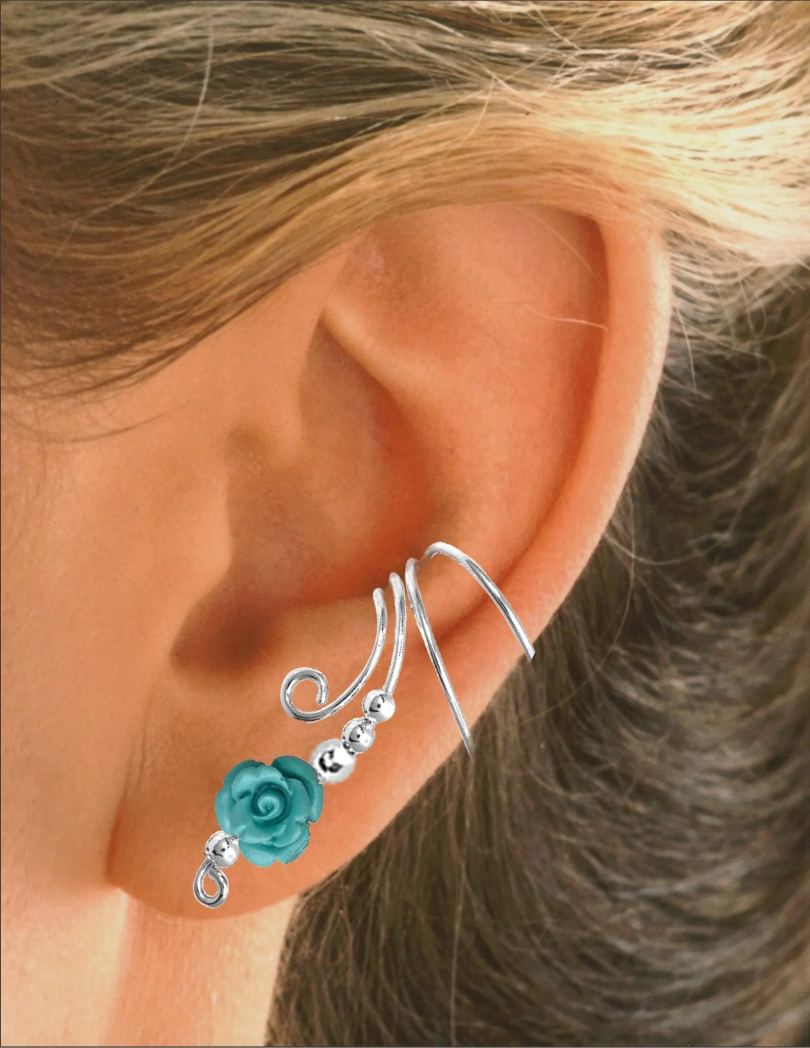 Long Turquoise Rose Coral Ear Cuff