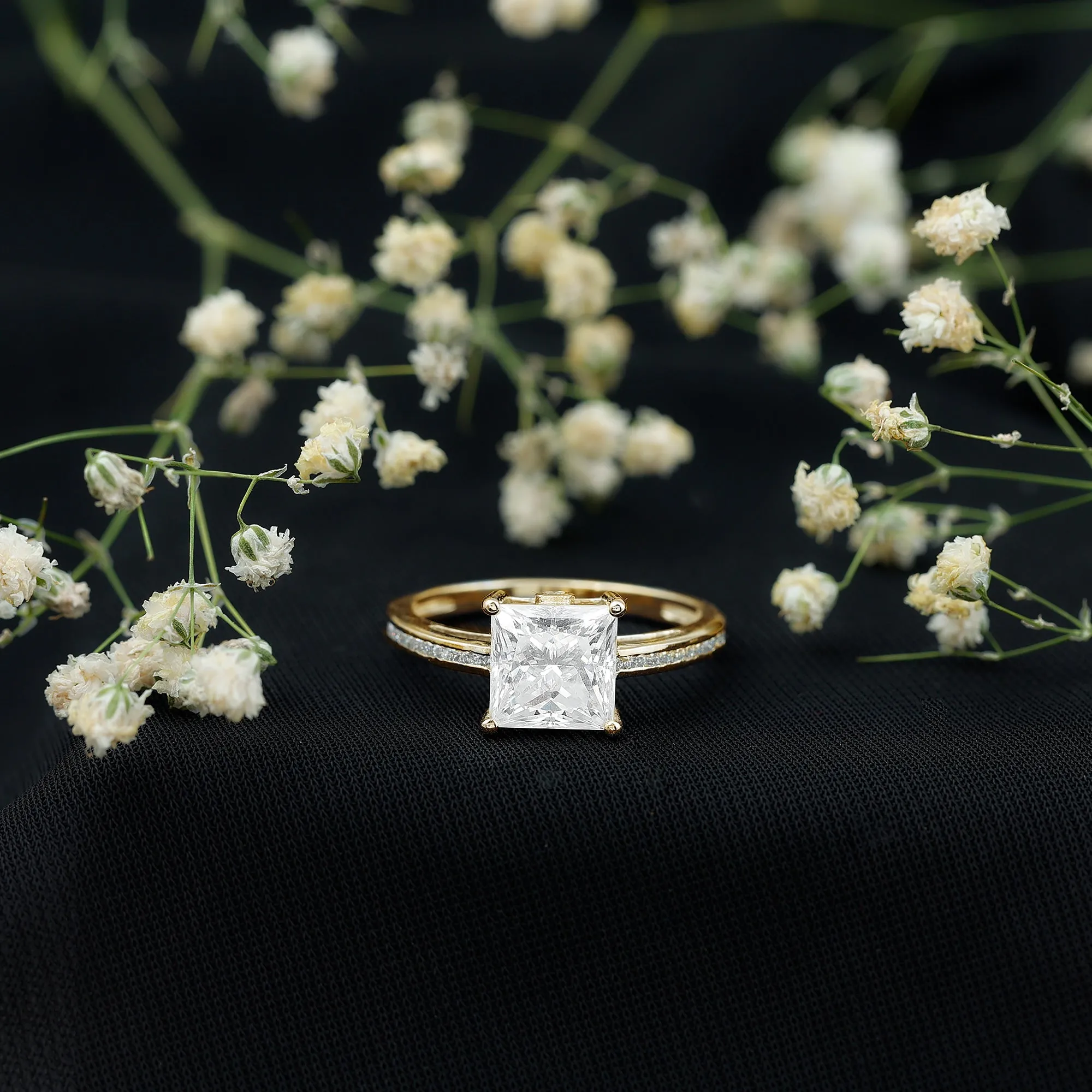 Moissanite Solitaire Princess Cut Engagement Ring with Side Stones