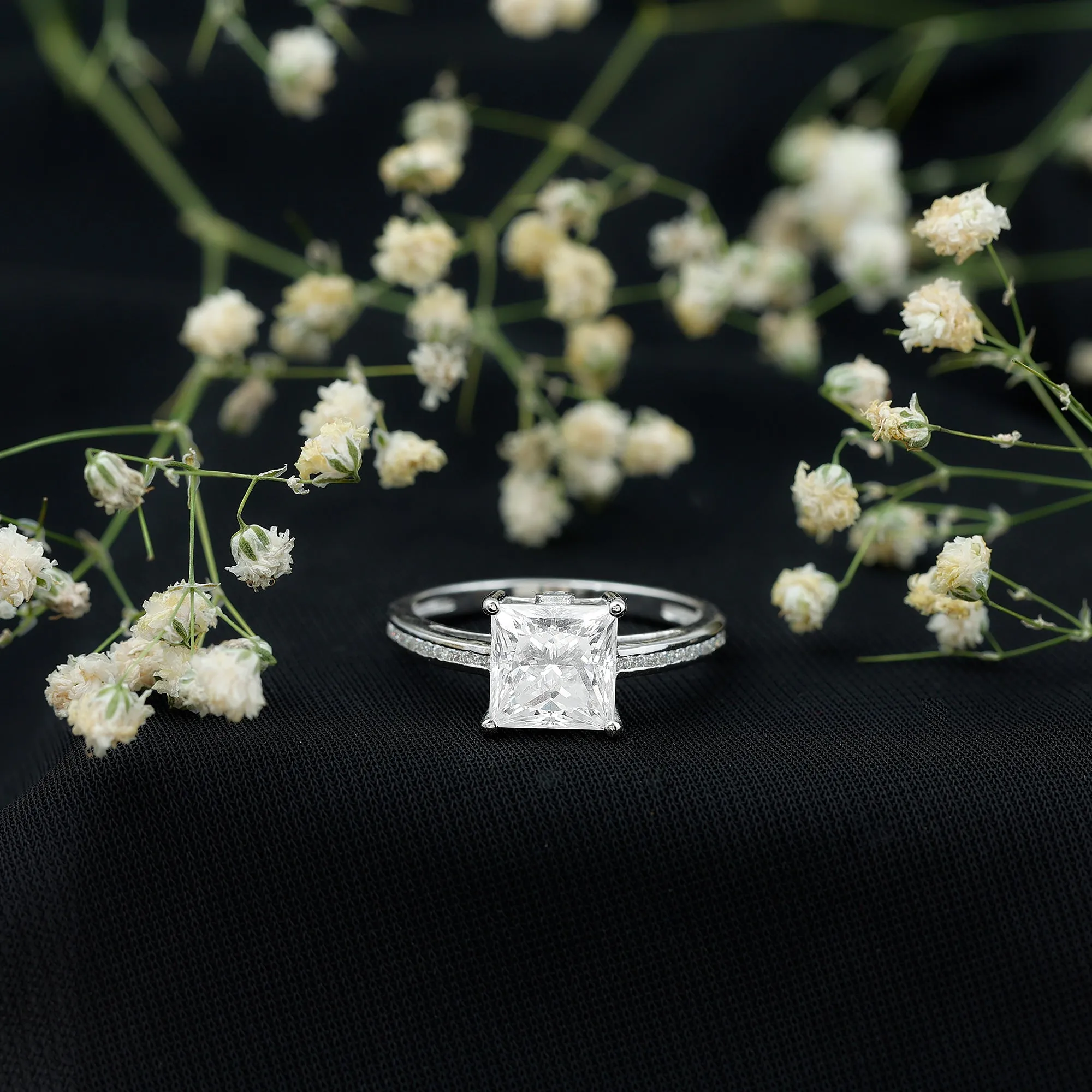 Moissanite Solitaire Princess Cut Engagement Ring with Side Stones