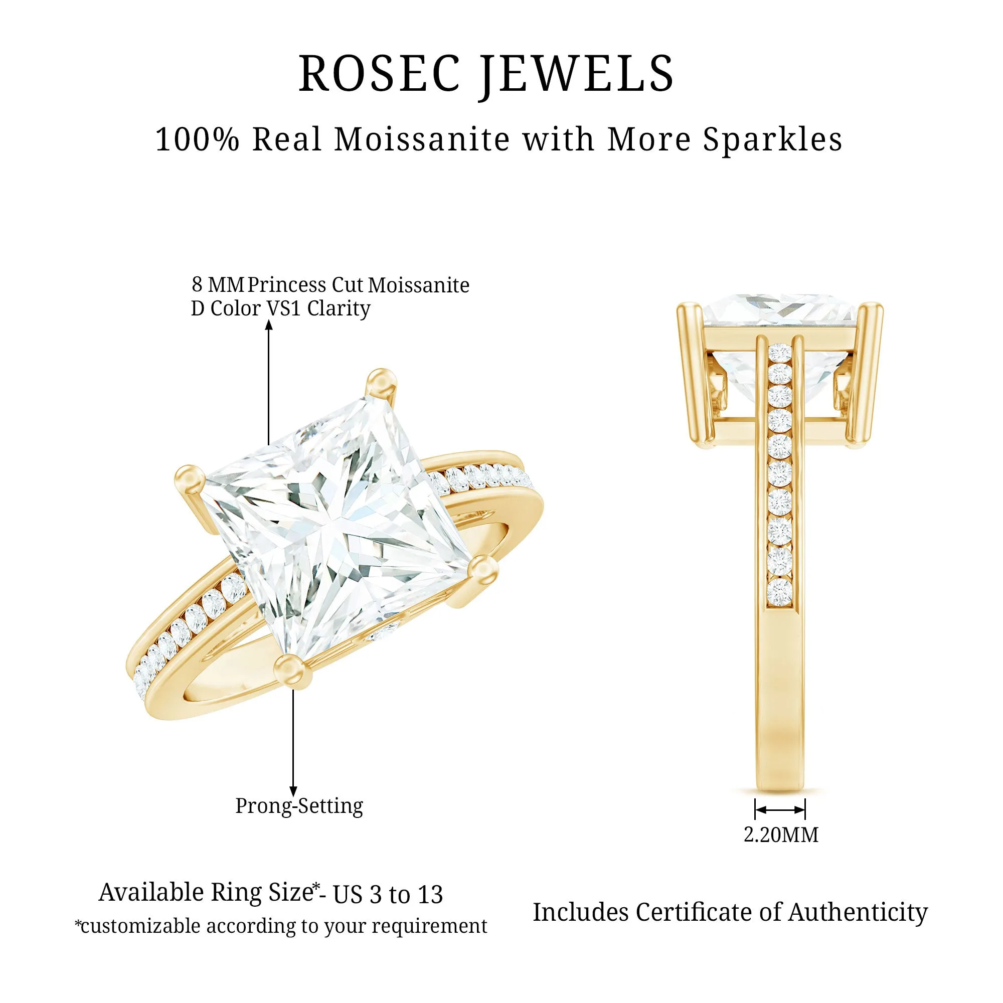 Moissanite Solitaire Princess Cut Engagement Ring with Side Stones
