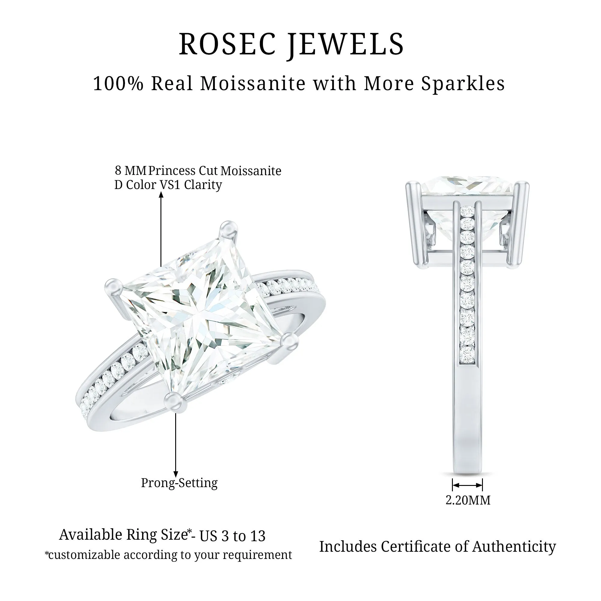 Moissanite Solitaire Princess Cut Engagement Ring with Side Stones