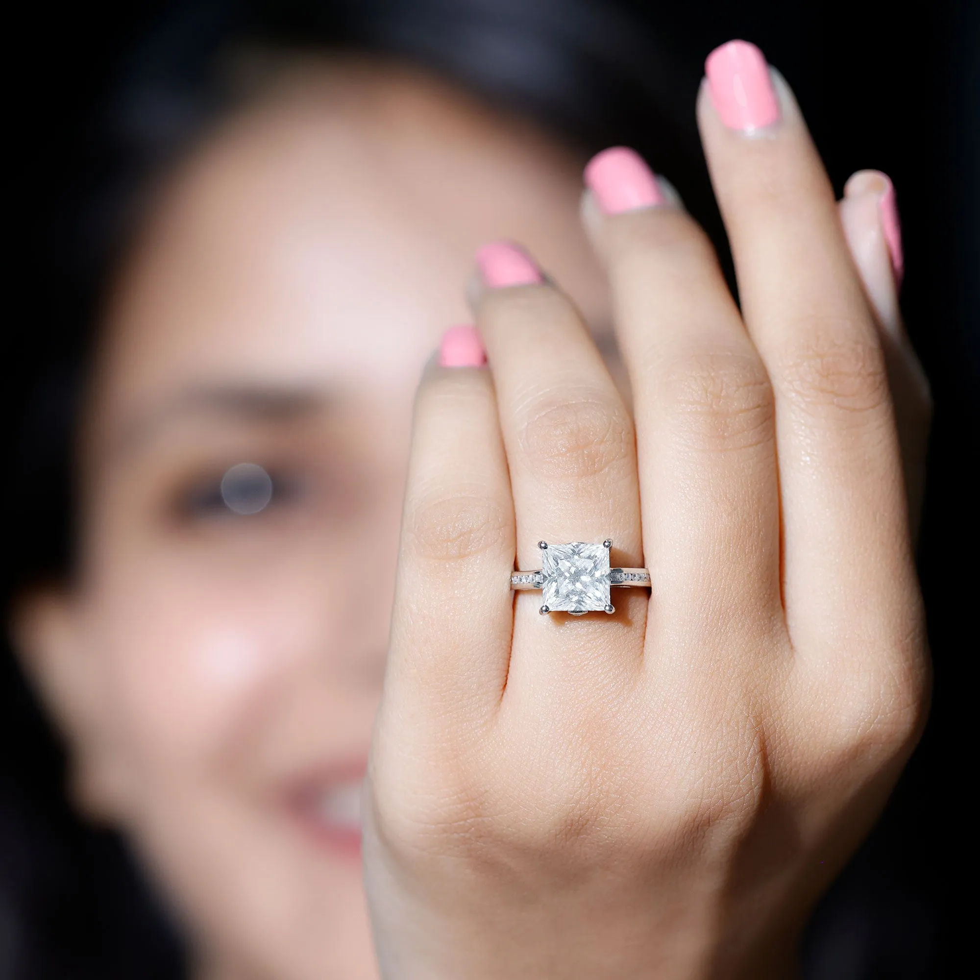 Moissanite Solitaire Princess Cut Engagement Ring with Side Stones