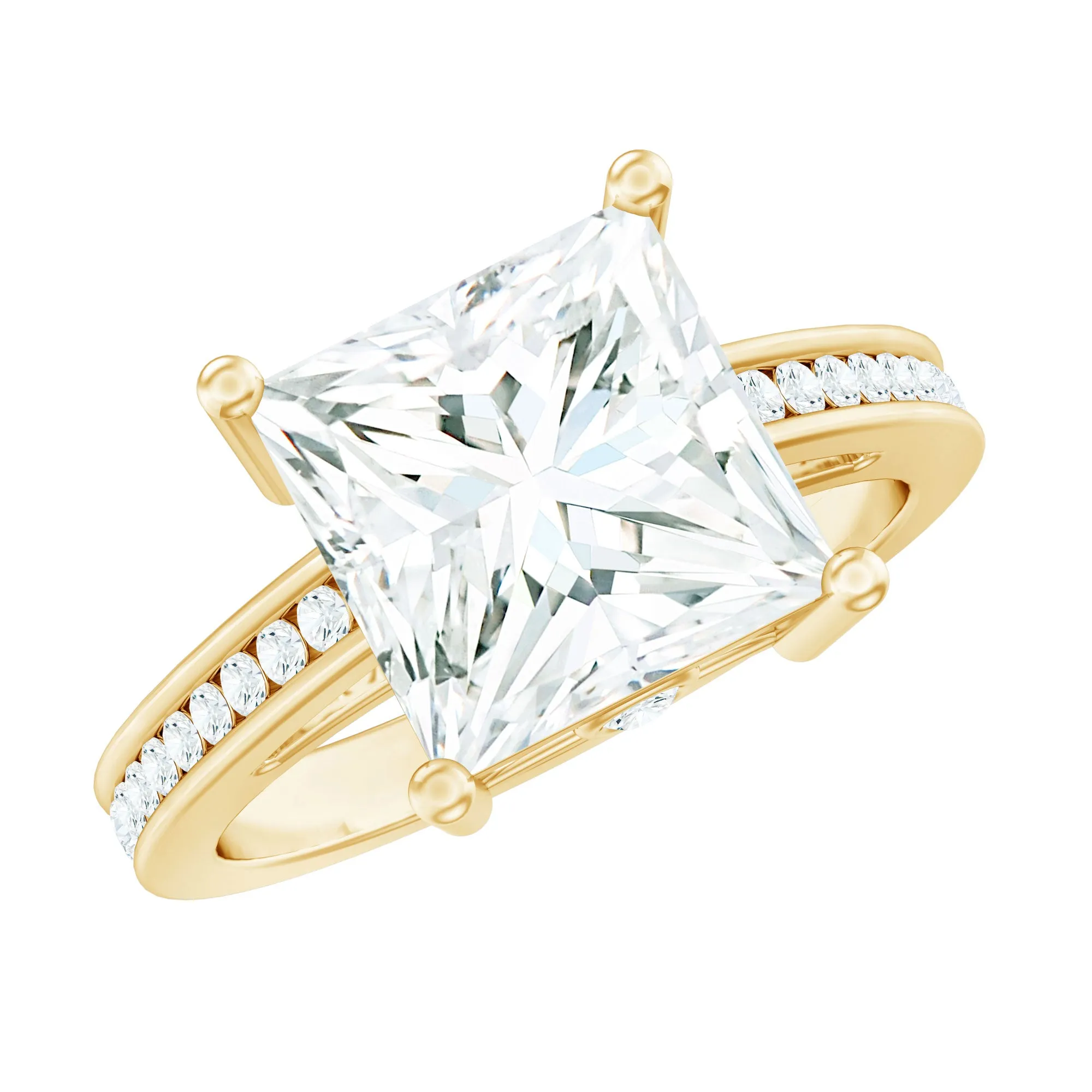 Moissanite Solitaire Princess Cut Engagement Ring with Side Stones