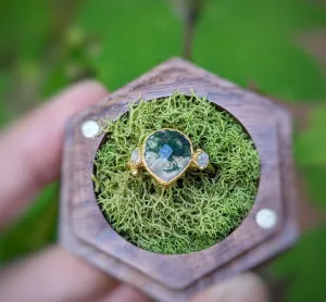 Moss Agate and raw diamond Gold Twig ring - Rustic nature inspired engagement ring