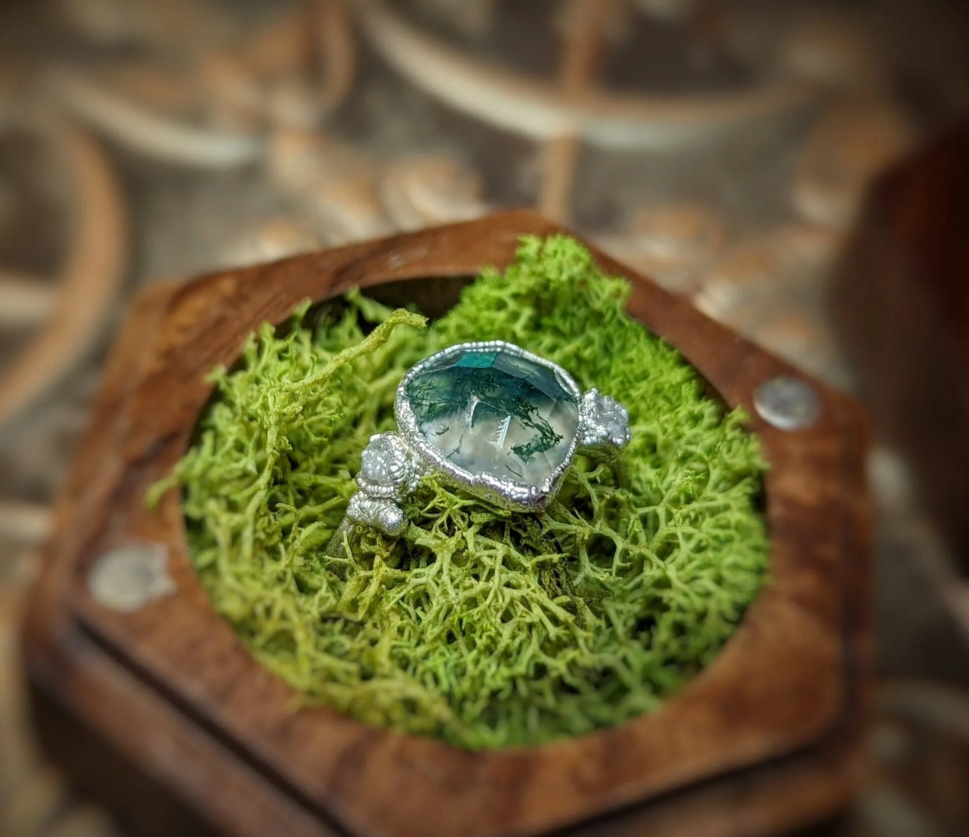 Moss Agate and raw diamond Gold Twig ring - Rustic nature inspired engagement ring