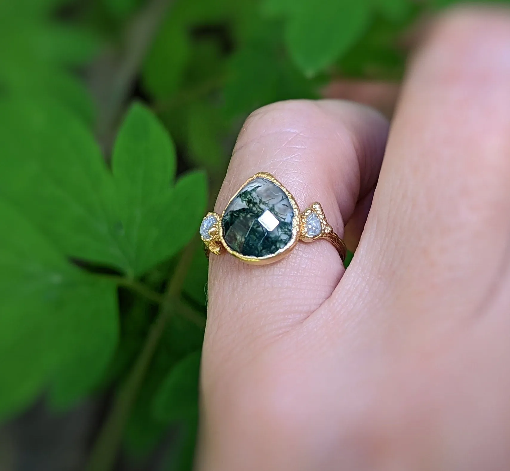 Moss Agate and raw diamond Gold Twig ring - Rustic nature inspired engagement ring