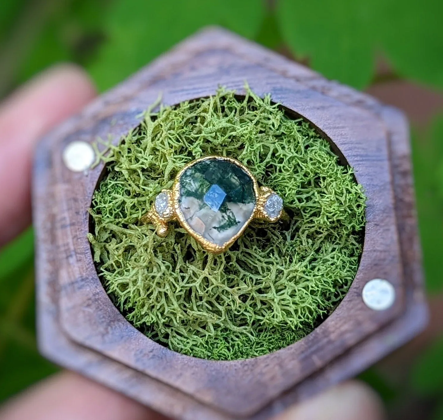 Moss Agate and raw diamond Gold Twig ring - Rustic nature inspired engagement ring