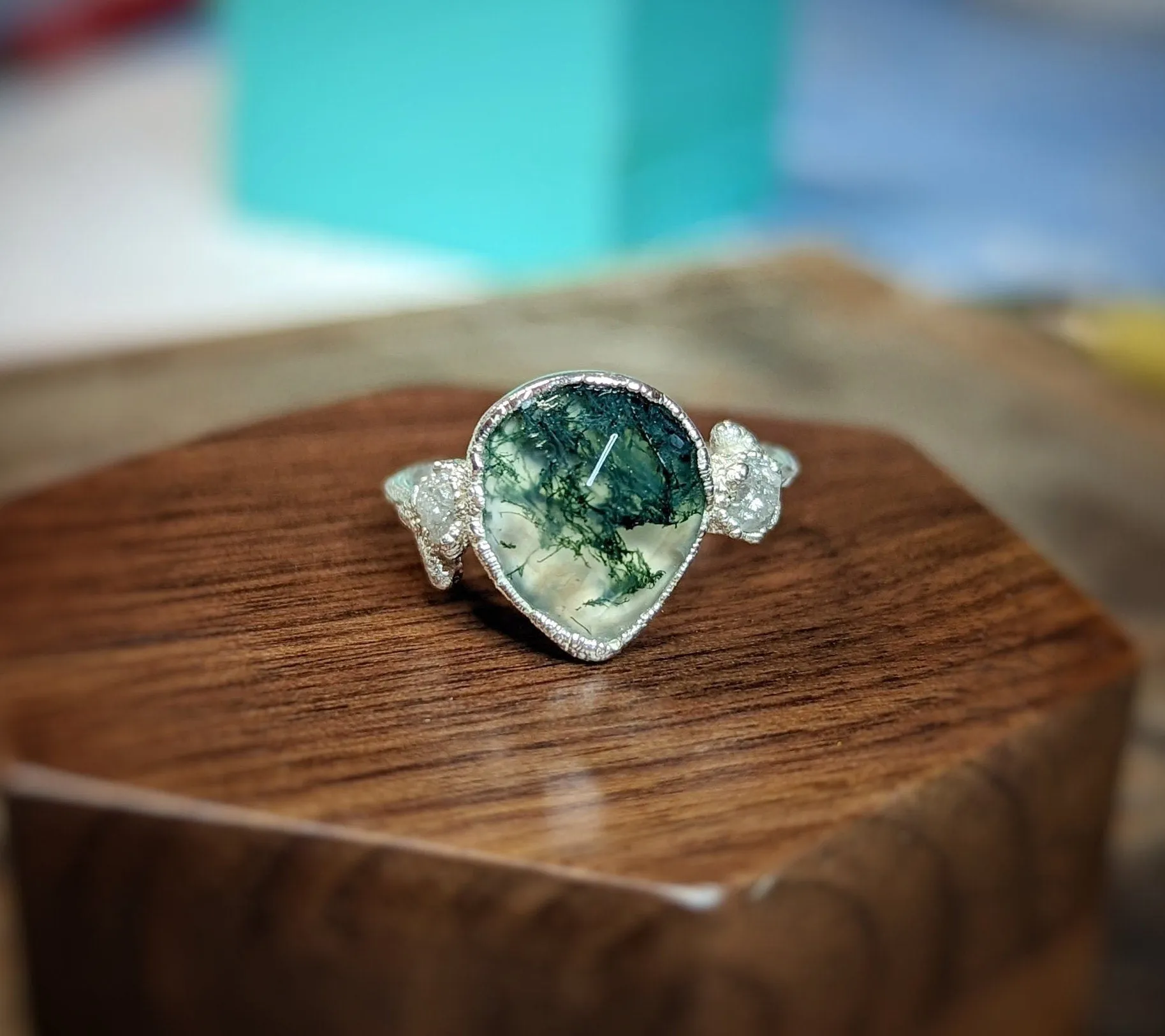 Moss Agate and raw diamond Gold Twig ring - Rustic nature inspired engagement ring