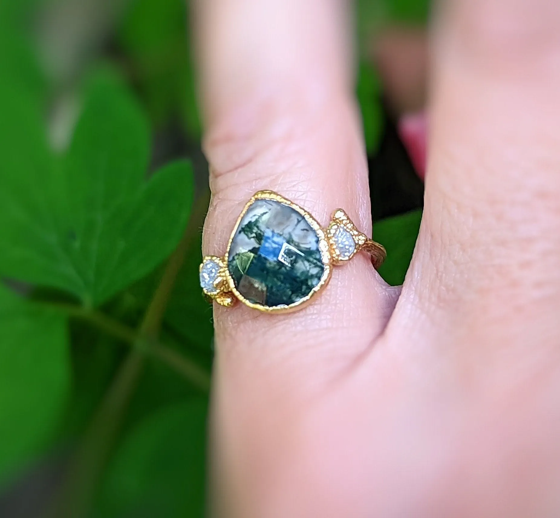 Moss Agate and raw diamond Gold Twig ring - Rustic nature inspired engagement ring