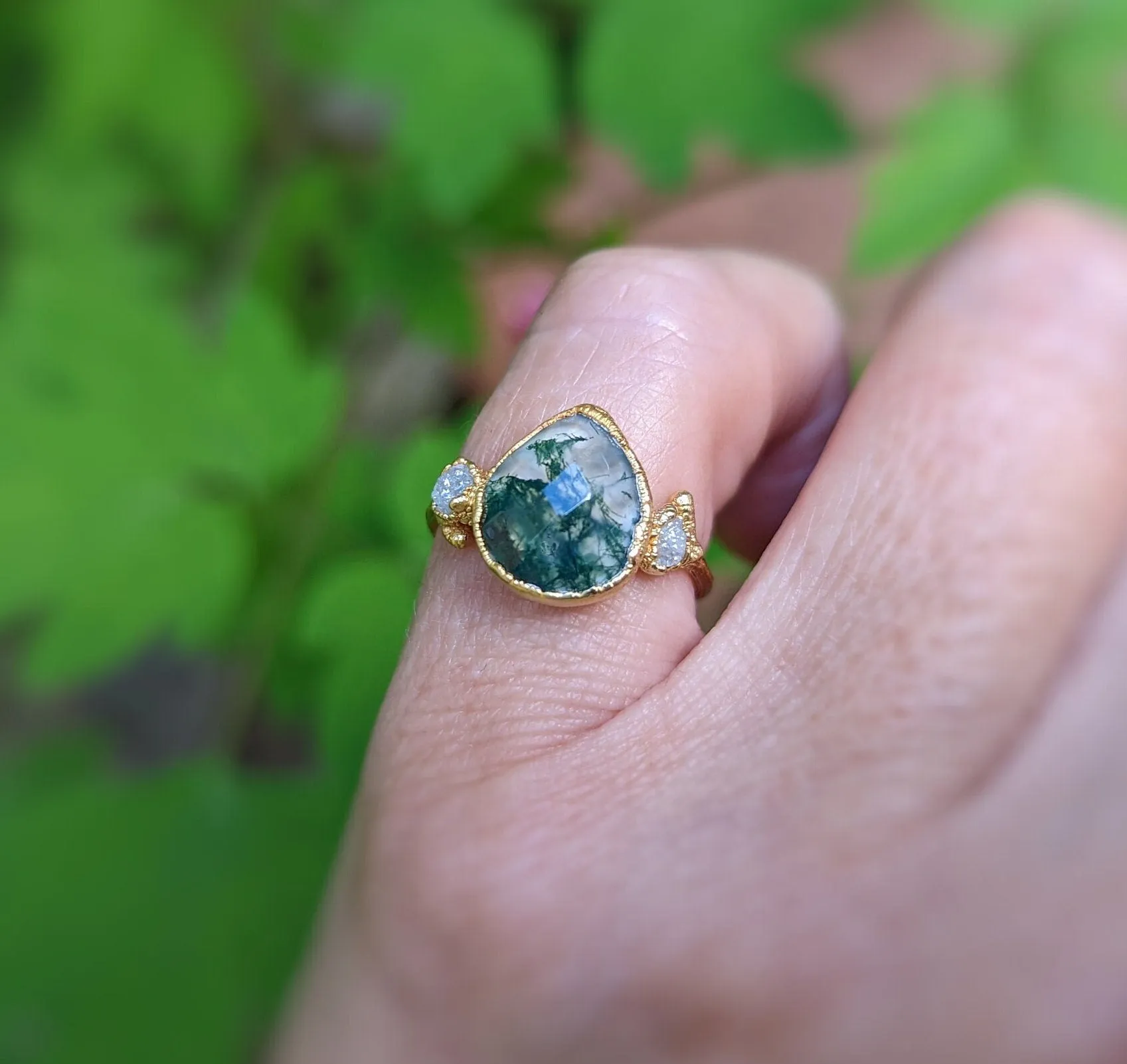 Moss Agate and raw diamond Gold Twig ring - Rustic nature inspired engagement ring