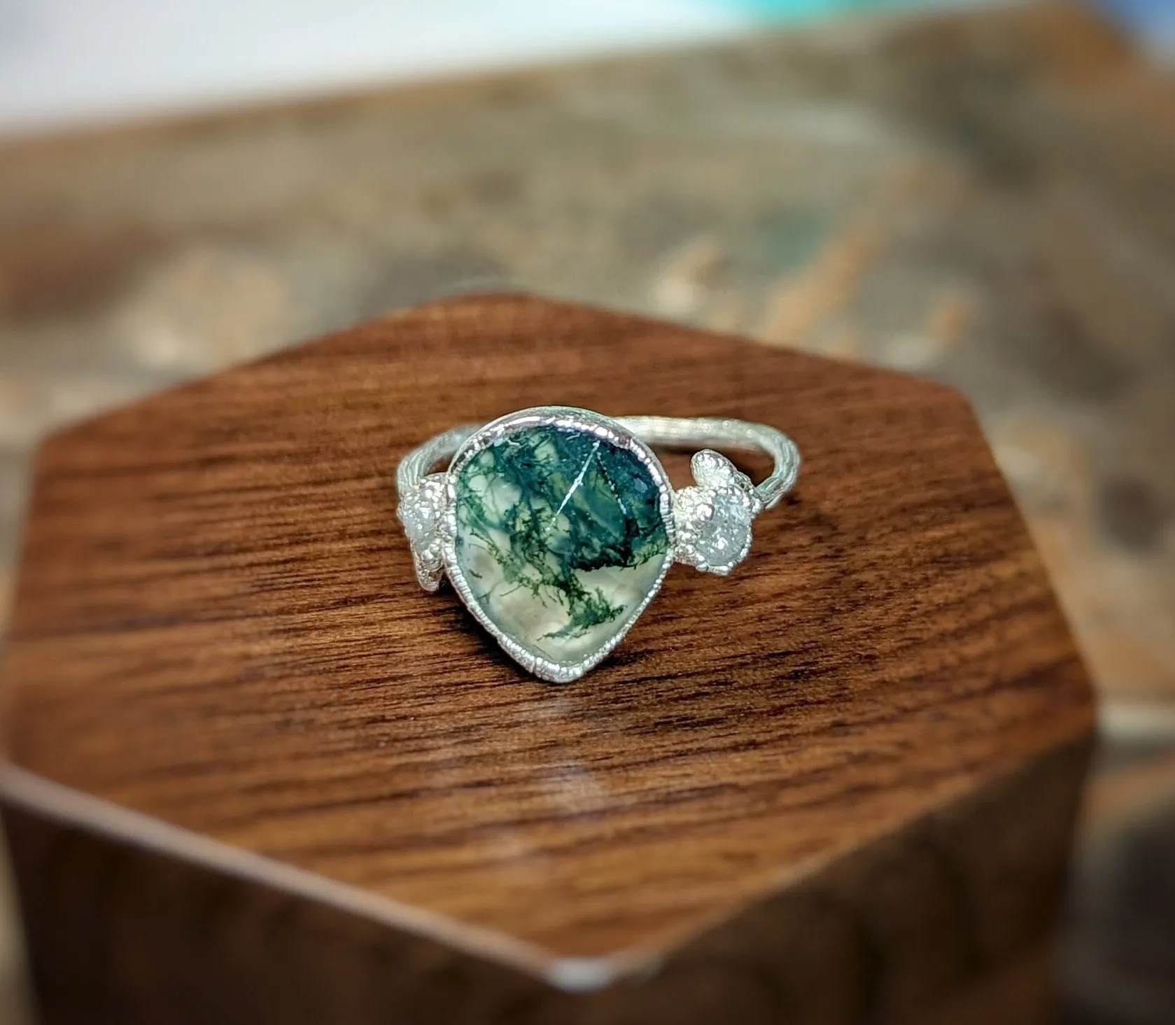 Moss Agate and raw diamond Gold Twig ring - Rustic nature inspired engagement ring