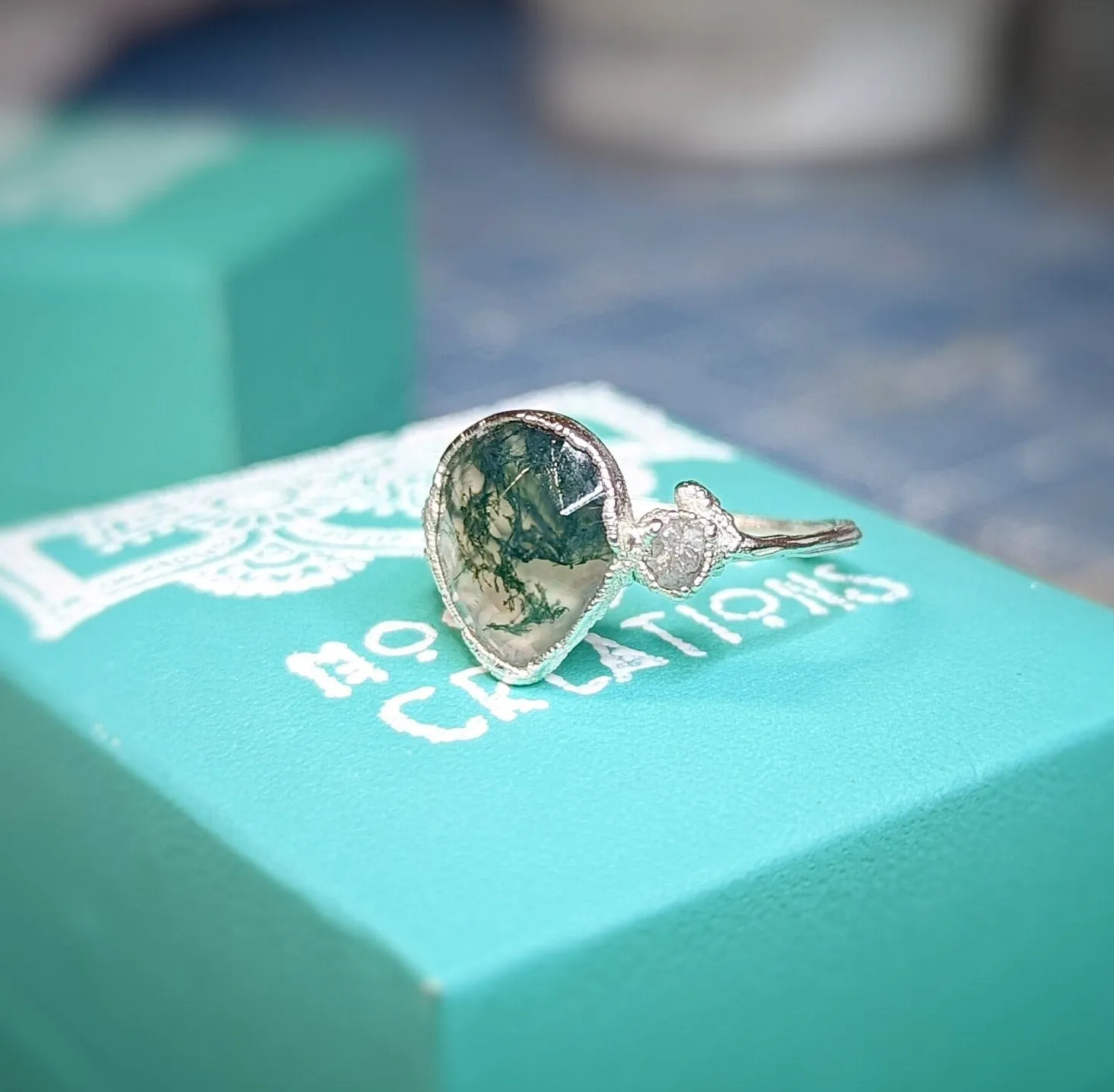 Moss Agate and raw diamond Gold Twig ring - Rustic nature inspired engagement ring