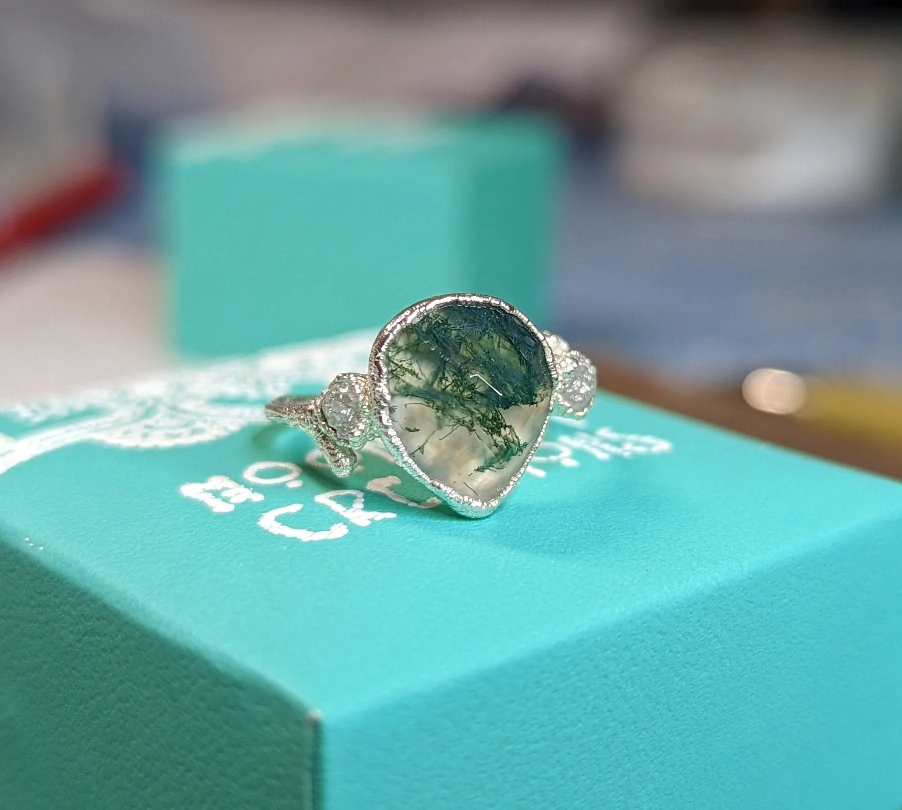 Moss Agate and raw diamond Gold Twig ring - Rustic nature inspired engagement ring