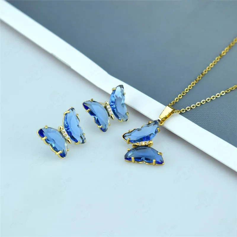Multi-color Zircon Butterfly Earrings and Necklace Jewelry Set