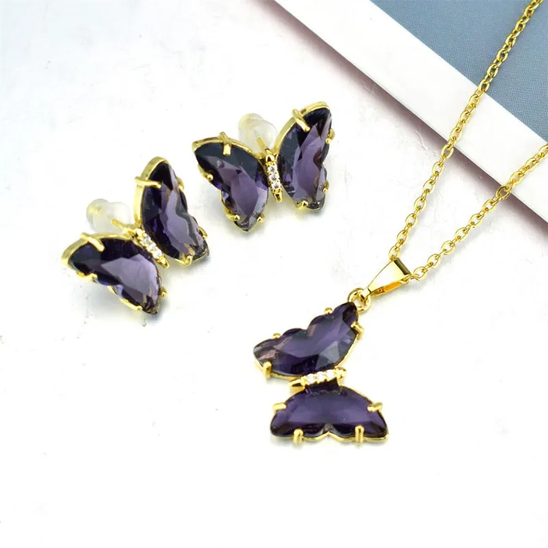 Multi-color Zircon Butterfly Earrings and Necklace Jewelry Set