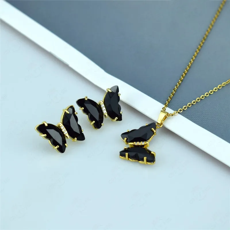 Multi-color Zircon Butterfly Earrings and Necklace Jewelry Set