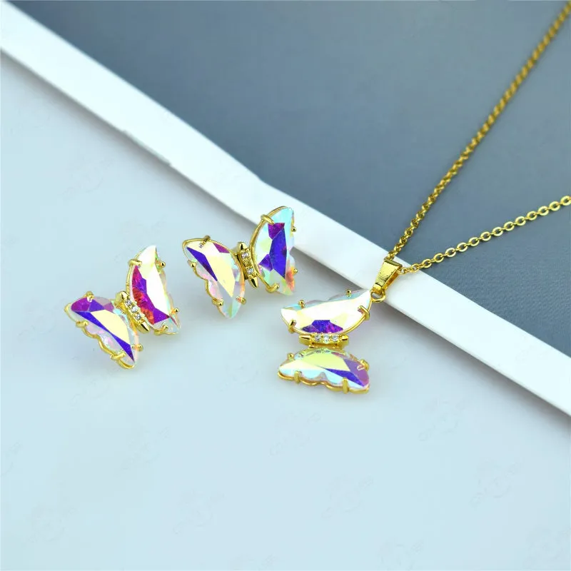 Multi-color Zircon Butterfly Earrings and Necklace Jewelry Set