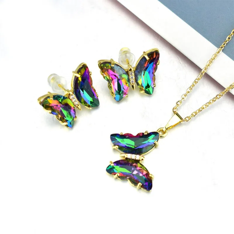 Multi-color Zircon Butterfly Earrings and Necklace Jewelry Set