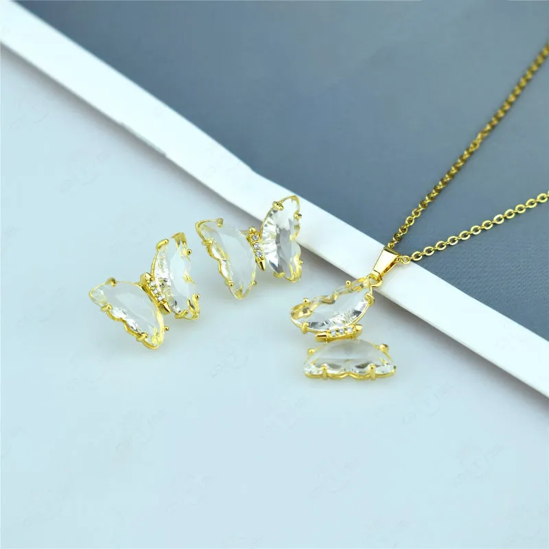 Multi-color Zircon Butterfly Earrings and Necklace Jewelry Set