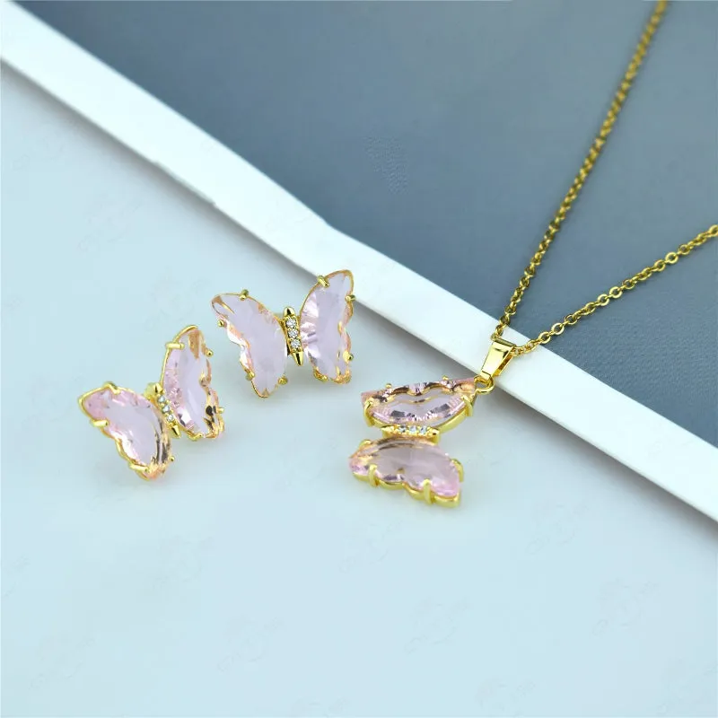 Multi-color Zircon Butterfly Earrings and Necklace Jewelry Set