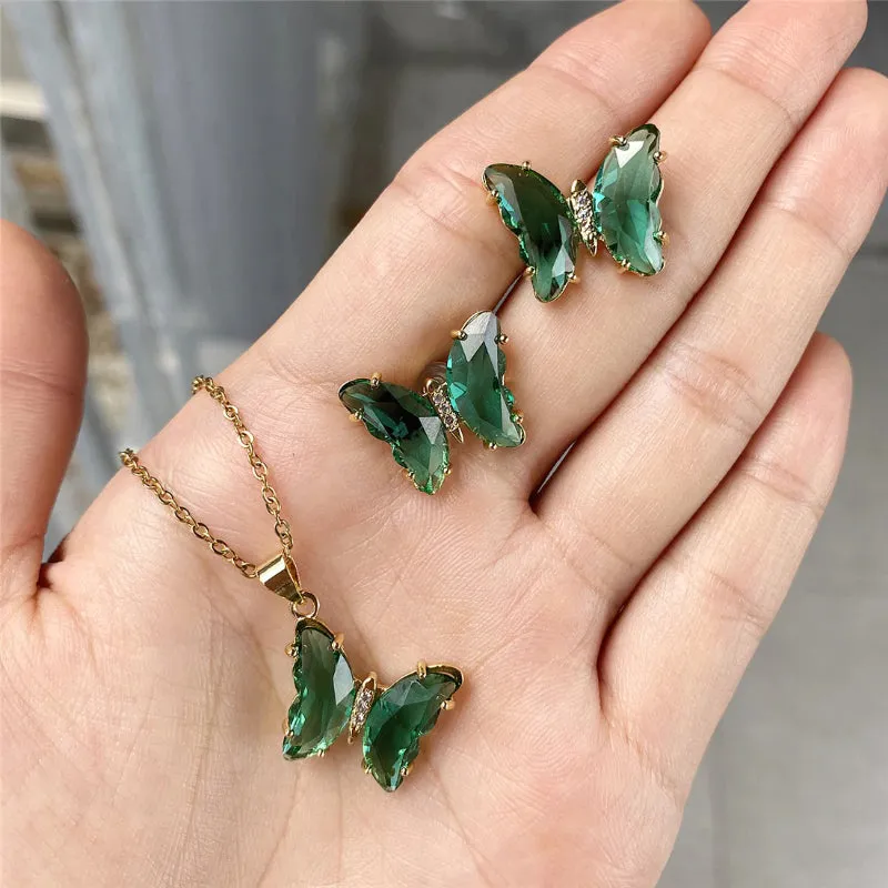 Multi-color Zircon Butterfly Earrings and Necklace Jewelry Set
