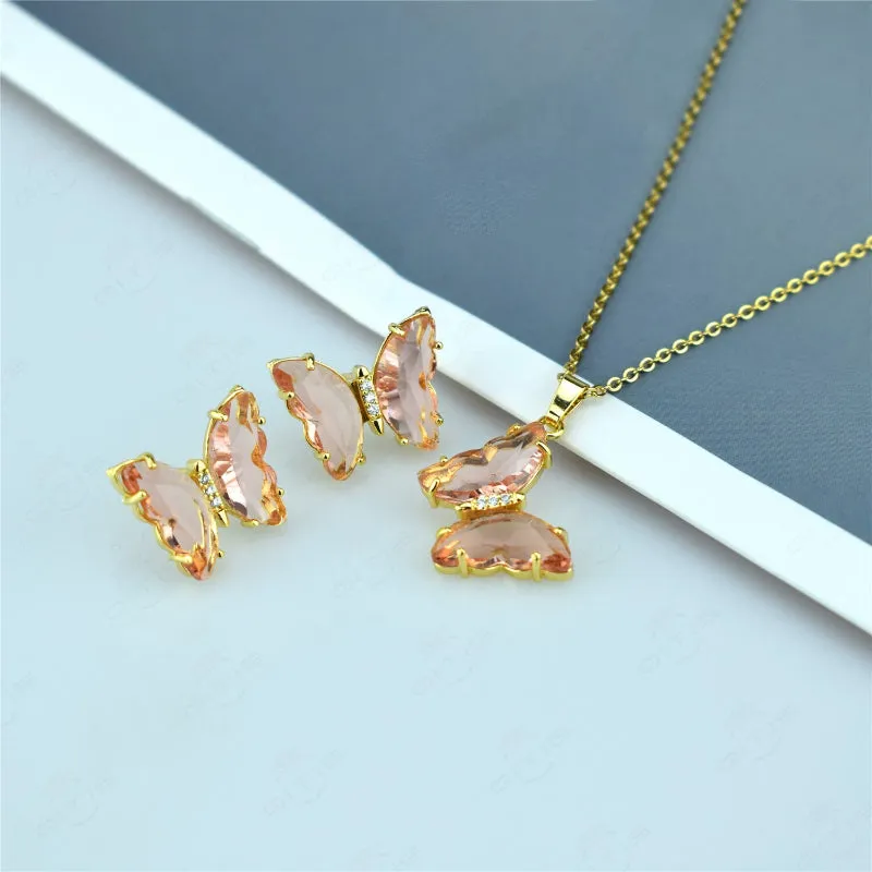 Multi-color Zircon Butterfly Earrings and Necklace Jewelry Set