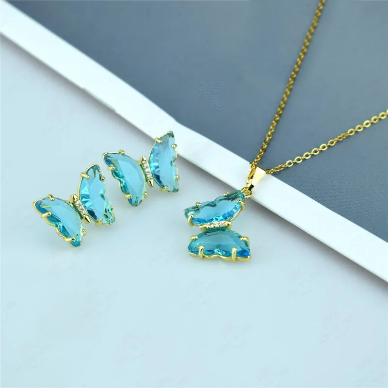 Multi-color Zircon Butterfly Earrings and Necklace Jewelry Set