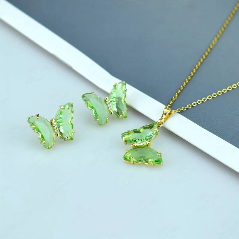 Multi-color Zircon Butterfly Earrings and Necklace Jewelry Set
