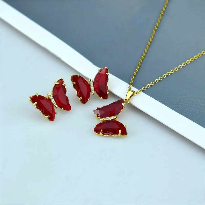 Multi-color Zircon Butterfly Earrings and Necklace Jewelry Set