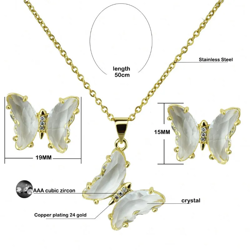 Multi-color Zircon Butterfly Earrings and Necklace Jewelry Set