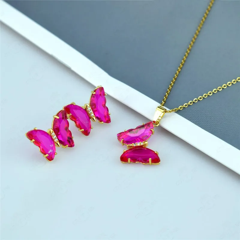Multi-color Zircon Butterfly Earrings and Necklace Jewelry Set