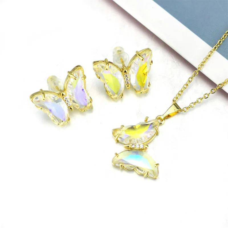 Multi-color Zircon Butterfly Earrings and Necklace Jewelry Set