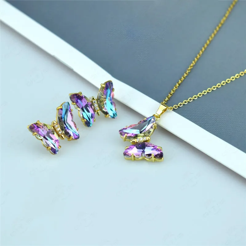 Multi-color Zircon Butterfly Earrings and Necklace Jewelry Set