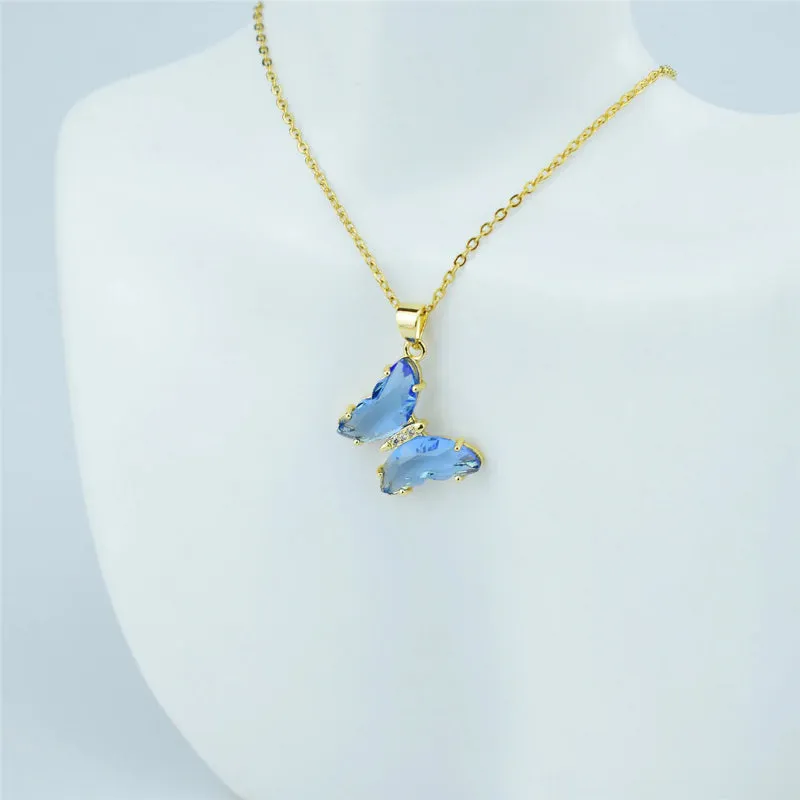 Multi-color Zircon Butterfly Earrings and Necklace Jewelry Set
