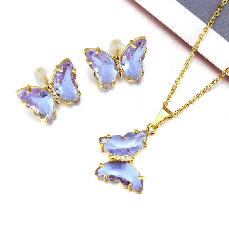 Multi-color Zircon Butterfly Earrings and Necklace Jewelry Set