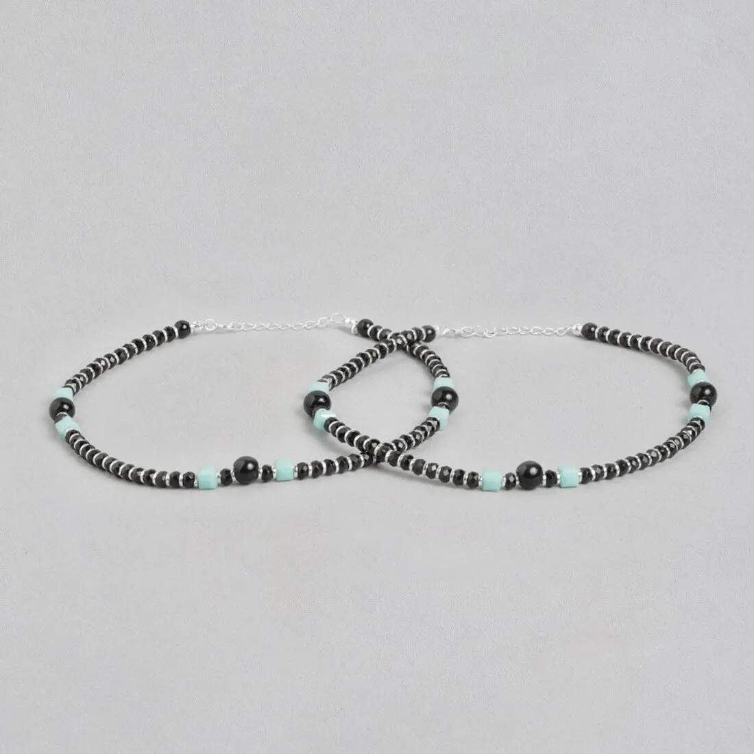 Mystic Fusion Rhodium Plated Green & Black Bead 925 Sterling Silver Anklet
