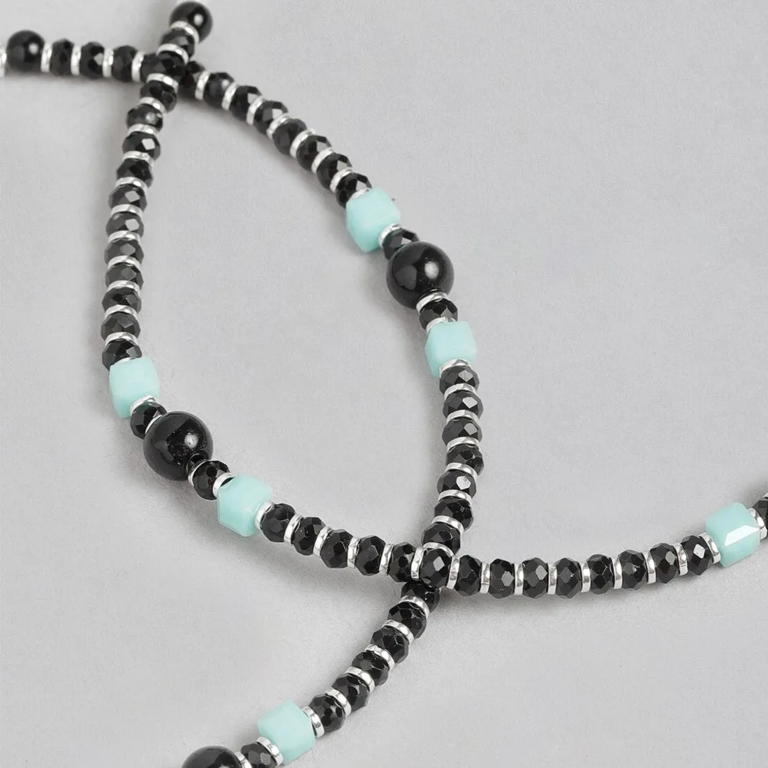 Mystic Fusion Rhodium Plated Green & Black Bead 925 Sterling Silver Anklet