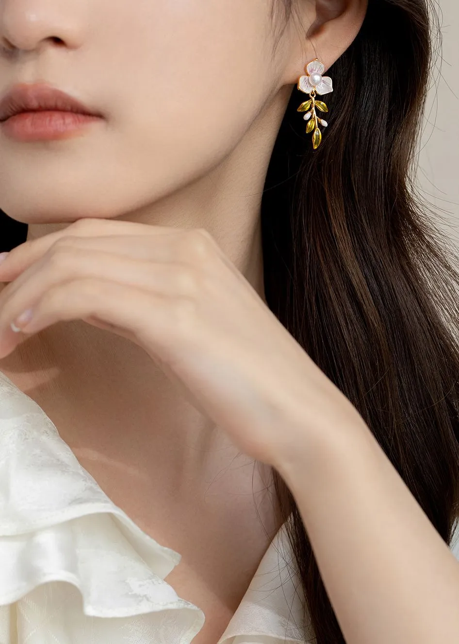 Natural Pearl Flower Leaf Drop Earrings