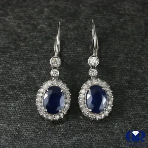 Natural Sapphire & Diamond Earrings 14K White Gold With Lever Back